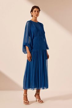 Maya Ruched Panelled Midi Dress | Strong Blue | Dresses | Shona Joy – Shona Joy International Elegant Midi Dress With Sheer Puff Sleeves, Blue Midi Dress With Draped Sleeves For Evening, Voluminous Evening Dresses With Elastic Sleeves, Billowy Midi Dress For Party, Blue Midi Dress With Draped Sleeves, Knee-length Midi Dress With Gathered Sleeves For Cocktail, Elegant Ruched Midi Dress With Bishop Sleeves, Voluminous Ruched Midi Dress For Summer, Summer Voluminous Ruched Midi Dress