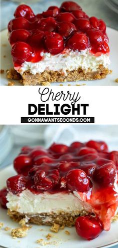 cherry delight cheesecake on a white plate with cherries