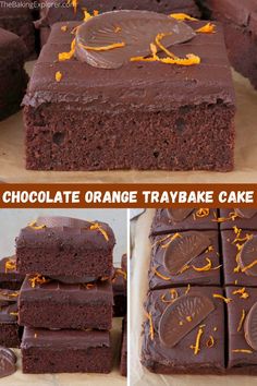 chocolate orange tray bake cake is cut into squares