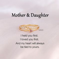 This ring features a special design of two heart connected together, symbolizing the eternal bond between mother and daughter. With a meaningful message card included, it is the perfect inspirational gift for a beloved daughter or mother on many occasions. CARD MESSAGE Mother & Daughter I held you first. I loved you first. And my heart will always be tied to yours. SPECIFICATIONS Size: US 6-9 Stone: AAA Grade Cubic Zirconia Metal: 925 Sterling Silver WHAT'S IN THE BOX 1*Mother Daughter Ring 1*Fu Special Mother Daughter Gifts, Mom And Daughter Rings, Birth Mother Gifts, Daughter Gifts From Mom, Birthday Gifts For Daughter, Mother Daughter Rings, Memorable Jewelry, Daughter Ring, Mothers Day Rings