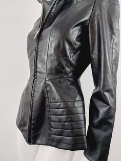 Thierry Mugler Couture Faux Leather PVC Curved Runway Wasp Waist Motorcycle 90s Black Vintage Black Blazer Jacket Veste  Rare curved faux leather jacket by Thierry Mugler! Excellent condition, no flaws. Marked 38, fits XS/S. Shoulder to Shoulder: 42 cm Ampit to Armpit: 44 cm Waist:36 cm Length: 60 cm Sleeve Length: 60 cm 90s Mugler, Motorcycle 90s, Thierry Mugler Couture, Mugler Couture, Wasp Waist, Thierry Mugler, Wasp, Black Vintage, Black Blazer