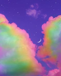 the sky is filled with colorful clouds and a half moon in the distance above it