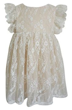 A breezy cotton lining keeps baby cozy no matter what the day brings when they wear this pretty dress with ruffled shoulders and a lacy overlay. Cotton lining 97% nylon, 3% polyester Dry clean Imported Summer Lace Dress With Lace Bodice For Dress-up, Cute Lace Dresses For Garden Party, Cute Lace Dress For Garden Party, Ruffled Lace Dress For Garden Party, Garden Party Lace Dress With Ruffles, Garden Party Ruffled Lace Dress, Cream Lace Ruffle Dress For Baptism, Spring Lace Baptism Dress With Lace Collar, Cream Ruffled Lace Dress For Baptism