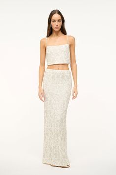 A maxi-length column skirt hand-beaded in stretch mesh, featuring a back slit. The Barletta Skirt pairs back to the Fermo Top for a matching set. Reception Look, Spring Flats, Custom Handbags, Column Skirt, Sandal Platform, Bride Accessories, Straight Neckline, My Wedding, Sweater And Shorts