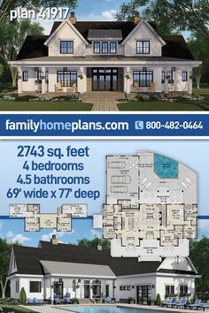 two story house plan with pool and large front yard, covered porchs, and lots of windows