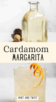 an orange and twist cocktail in a glass with the title cardamon margarita