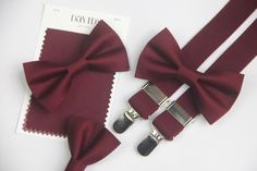 We select this special cotton fabric to match the wonderful wine dress of David's bridal.... Burgundy wine red bow tie and same color suspendersWhat you order will be basing on the FIRST picture, if you want to change the color of bow tie or suspenders, please remark what you want in the note when you place order. Thank you! BOWTIE sizes are as following: XS: length of bow tie 8cm(3.1''), for 0-2 years old boy S: length of bow tie 9cm(3.5''), for 2-4 years old boy M: Length of bow tie 10.5cm(4.1 Burgundy Bow Tie, Bow Tie For Men, Wedding Bow Tie, Tie Matching, Wine Dress, Bowtie And Suspenders, Ring Bearers, Red Bow Tie, Suspenders Set