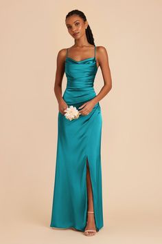 Lydia Lemon Sorbet Cowl Neck Matte Satin Bridesmaid Dress | Birdy Grey Teal Dress Long, Turquoise Blue Bridesmaid Dresses, Blue Long Formal Dresses, Seafoam Prom Dresses, Homecoming Dresses Floor Length, Simple Floor Length Dress, Sea Green Prom Dress, Teal Green Prom Dress, Teal Dress Formal