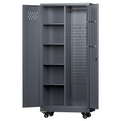 a large metal storage cabinet with wheels on the front and side doors open to reveal an empty shelf