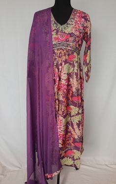 Very soft n comfortable muslin Aila  kurta  set with beautiful floral print. Kurta has floral prints all over, side cut and long sleeves , It has V neck and has embroidery and sequins on the yoke. Color: Purple Pants have elastic on the waist. Soft chinon dupatta with multicolor embroidered border on all sides. Purple Pants, Chandler Az, Embroidered Border, Dupatta Set, Side Cuts, Kurta With Pants, Kurta Set, Purple Floral, Color Purple