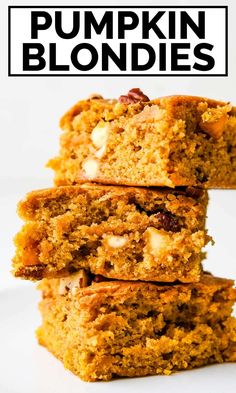 pumpkin blondies stacked on top of each other with the title in the middle above it