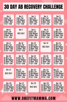 the 30 day ab recovery challenge is shown in pink and white with stars on it