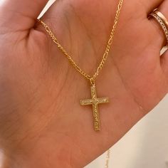 The perfect gift for your man. Our 14k gold filled cross necklace can be made in two lengths. 20 or 22 inch Figaro chain with 25x15mm larger sized 14k gold filled cross. 20 inches is a good universal men’s length. gold filled is waterproof and made to last. *Modeled on a male in 20 inch length. 14k Gold Cross Necklace With Adjustable Chain, Crucifix Cross Necklace With Figaro Chain As Gift, Gold Cross Necklace With Figaro Chain, 14k Gold Filled Cross Necklace, Figaro Chain Cross Pendant Necklace For Gift, Gold Cross Pendant Necklace In 14k Gold Filled, 14k Gold-filled Gold Cross Pendant Necklace, 14k Gold Filled Cross Pendant Necklace, 14k Gold Filled Gold Cross Necklace