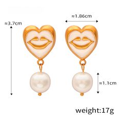 Enamel Glaze Smile Heart Mouth Pearl Drop Earrings Pearl Drop Earrings Gold, White Earring, Earring Fashion, Lip Designs, Fashion Jewelry Sets, Pink Necklace, White Necklace, Pearl Types, Cute Necklace