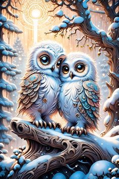 two owls sitting on top of a tree branch in the middle of a snowy forest