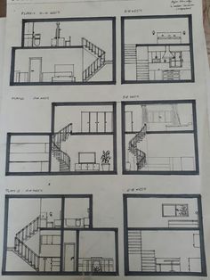 architectural drawings showing the interior and exterior sections of a house with stairs, staircases, and living areas