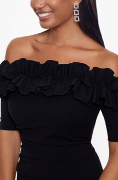 Xscape Ruffle Off-the-Shoulder Cocktail Dress | Nordstrom Coctail Dresses, Sheath Gown, Bardot Top, Scuba Fabric, Fashion Forever, Forever New, Formal Outfit, Black Cocktail Dress, Elbow Length Sleeve