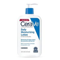 Developed with dermatologists, CeraVe Moisturizing Lotion for Normal to Dry Skin has a unique, lightweight formula that provides 24-hour hydration and helps restore the protective skin barrier with three essential ceramides (1,3,6-II). The formula also contains hyaluronic acid to help retain skins natural moisture. With ceramides 1, 3 and 6-II Hyaluronic acid to help retain skin's moisture Oil-free, Non-comedogenic Fragrance-free Gentle, non-irritating formula Made in United States Cerave Daily Moisturizing Lotion, Cerave Moisturizing Lotion, Dry Skin Body Lotion, Daily Moisturizing Lotion, Moisturizing Face, Lotion For Dry Skin, Travel Size Beauty Products, Oil Free Moisturizers, Moisturizing Lotion