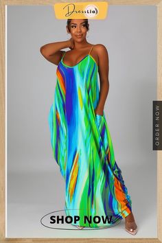 Summer Vacation Tie Dye Print Sleeveless Strap V-neck Loose Fitting Casual Women Maxi Dress Sleeveless Green Maxi Dress For Beach, Sleeveless Multicolor Maxi Dress For Beach Season, Green Sleeveless Dress With Spaghetti Straps For Vacation, Sleeveless Green Maxi Dress For Beach Season, Multicolor Sleeveless Maxi Dress For Beach, Multicolor Sleeveless Maxi Dress For The Beach, Sleeveless Multicolor Maxi Dress For Vacation, Flowy Sleeveless V-neck Dress For Vacation, Flowy Multicolor Sleeveless Dress For Beach