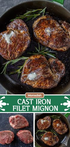 the cast iron skillet is filled with steaks