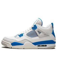 The Nike Air Jordan 4 Retro 'Military Blue' 2012 is the perfect sneaker for any season. The white leather upper with Military Blue and Natural Grey accents makes this sneaker versatile and fashionable. The Jumpman branding at the tongue and heel adds a touch of style, while the comfortable fit ensures that you can wear this sneaker all day long. (AJ4/SNKR) Air Jordan 4 High-top With Abzorb Midsole, Air Jordan 4 Lace-up With Abzorb Midsole For Streetwear, White Sole High-top Air Jordan 4, Sporty Air Jordan 4 With Abzorb Midsole, Air Jordan 4 White Leather With Rubber Sole, Casual Air Jordan 4 High-top With Boost Midsole, Air Jordan 4 Leather Sports Shoes With Rubber Sole, Casual Air Jordan 4 High-top, Air Jordan 4 Leather With Rubber Sole For Sports