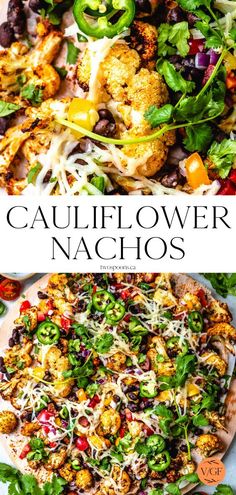 cauliflower nachos with black beans, cheese and green peppers on top