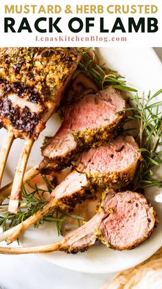 roasting rack of lamb with herbs and garlic on a white plate