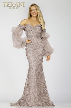 Glamorous Evening Dresses, Evening Gowns With Sleeves, Short Dress Styles, Off Shoulder Gown, Terani Couture, Mermaid Skirt, Dark Wear, Long Sleeve Short Dress, Long Bridesmaid Dresses