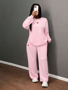 2024 Autumn/Winter Casual Basic Heart Embroidery Loose Fit Round Neck Sweatshirt And Wide-Leg Pants Pink Outfit - B Pink Casual  Long Sleeve Knitted Fabric Plain  Medium Stretch  Women Clothing, size features are:Bust: ,Length: ,Sleeve Length: Outfit Rosa, Loose Hoodie, Heart Embroidery, Rose Bonbon, Round Neck Sweatshirts, Casual Suit, Pink Outfit, Winter Casual, Sports Leggings