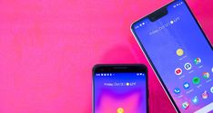 two smartphones side by side on a pink background