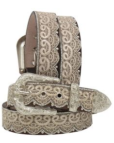 Ladies' Lace Brown Leather Belt with Clear Crystals Please allow 10-14 days to ship Details Brown Leather Tan lace and bead overlay Silver tone studs and clear crystals Brown croc print leather by buckle set Removable silver tone buckle set Latte Outfit, Smith And Western, Western Rings, Womens Belt, Crystal Lace, Western Purses, Western Belt Buckles, Western Earrings, Boot Jewelry