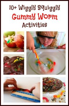 a collage of different activities for kids to do with gummy worms