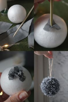 four pictures showing how to make an ornament