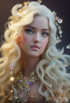 a woman with long blonde hair and blue eyes is wearing a tiara that has jewels on it