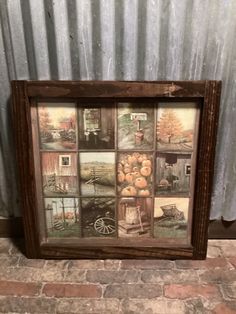 an old wooden frame with pictures of farm animals and pumpkins painted on the side