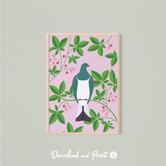 a painting of a bird sitting on a tree branch with pink flowers and green leaves