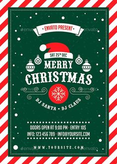 a christmas party flyer with a santa hat on the front and red and white striped background