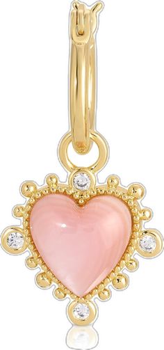 Heavenly Heart Hoop- Pink Shell - Fox Trot Boutique Heart-shaped Yellow Gold Jewelry With Dangling Charms, Yellow Gold Heart-shaped Jewelry With Dangling Charms, Dainty Pink Jewelry With Dangling Charms, Pink Heart Charm Hoop Earrings For Valentine's Day, Pink Hoop Earrings With Heart Charm For Valentine's Day, Elegant Pink Heart Charms, Elegant Pink Heart Charm, Pink Heart-shaped Jewelry With Dangling Charms, Heart-shaped Dangling Charms Jewelry For Valentine's Day