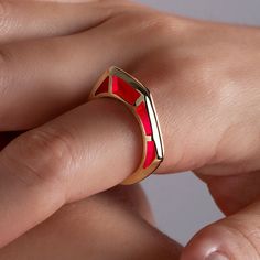 Red Enamel Gold Ring by fine jewelry designer Andy Lif Modern Red Ring Jewelry, Red Enamel Elegant Rings, Red 14k Gold Polished Jewelry, Red 14k Gold Jewelry With Polished Finish, Elegant Red Enamel Ring, Modern Red Jewelry For Anniversary, Gold Enamel Rings In Modern Style, Modern Red Ruby Ring, Modern Gold Rings With Enamel