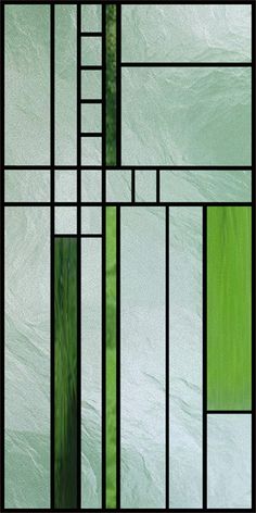 a green and white stained glass window with vertical bars in the bottom half, as well as an abstract design