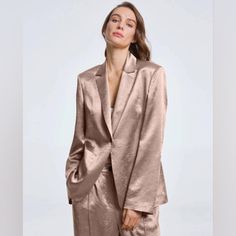 Nwt One-Button Patch Pocket Acetate Blazer (Dusty Pink) - Lattelier Satiny Textured Straight Cut Blazer Jacket With Single Button Closure, Patch Pockets, And Semi-Notched Lapels. Ideal For A Cocktail Party, Wedding, Or Other Formal Event. Gently Padded Shoulders And Lined Throughout. Color Is A Dusty Pink/Rose Gold Hue (Depending On Lighting) With A Textured Sheen. Very Eye-Catching! 100% Acetate Size Medium Pit To Pit = 22" Across Length = 29" Shoulder Width = 18" Sleeve = 26" New With Tags **M Single Breasted Satin Outerwear With Suit Collar, Single-breasted Satin Outerwear With Suit Collar, Single-breasted Satin Outerwear For Business, Single Breasted Satin Outerwear For Business, Chic Single-button Silk Blazer, Silk Single Button Blazer For Workwear, Elegant Silk Blazer For Fall, Satin Outerwear With Notch Lapel And Hidden Button Closure, Silk Blazer With Lapel Collar For Work