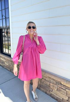 Pink Dress With Sneakers, Pink Tshirt Dress Outfit Summer, Sneaker Dress Outfits Women, Chic Pink Short Sleeve Shirt Dress, Chic Pink Cotton Shirt Dress, Dresses With Sneakers, Casual Pink Summer T-shirt Dress, Pink Babydoll Dress, Chic Pink Button-up Shirt Dress