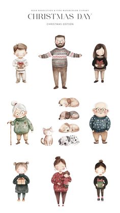 an illustrated christmas card with people and animals in sweaters, standing next to each other