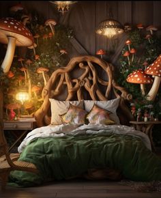 a bed that has mushrooms on the wall and lights in the room behind it,