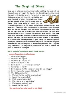 the origin of shoes worksheet with answers and examples for reading it in english