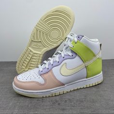 Nike Dunk High 'Lemon Twist' Sneakers Women's Size 7.5 Lemon/White/Cashmere Dd1869-108 Brand New With Box Nike Custom Sneakers With Gum Sole For Spring, Nike Cream High-top Sporty Sneakers, Nike Cream High-top Sneakers Sporty Style, Pastel Nike Lace-up Sneakers, Nike Cream Mid-top Sneakers, Nike Custom Sporty Sneakers For Spring, Pastel Sneakers With Rubber Sole For Streetwear, Green High-top Sneakers With Medium Fit, Green High-top Sneakers Medium Fit