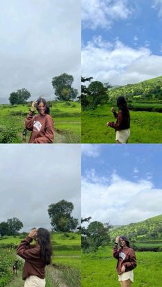 four different pictures of a woman standing in the grass with her hands on her head