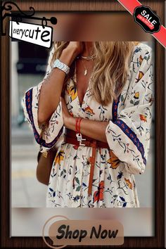 Fashion Printed Bohemian Long Dress Chic V-neck Boho Print Maxi Dress, Bohemian Maxi Dress With 3/4 Sleeves And Printed Details, Bohemian Floral Print Maxi Dress With 3/4 Sleeves, Bohemian Dresses Long, Bohemian Maxi-length Printed Kimono, Bohemian V-neck Maxi Dress With Abstract Print, Fashion Prints, Long Dress