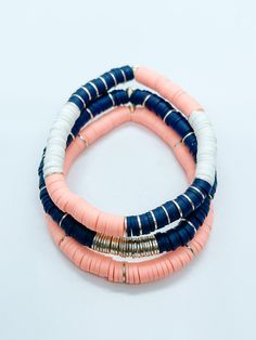 Nautical Heishi Bracelet Stack Navy Heishi Peach Heishi - Etsy Sports Heishi Bracelets, Beach Heishi Bracelets, Neutral Heishi Bracelets, Heishi Beads Bracelet, Heishi Earrings Diy, Fall Heishi Bracelets, Heshi Bead Ideas, Bracelet Heishi Diy, Flat Clay Bead Bracelet Ideas