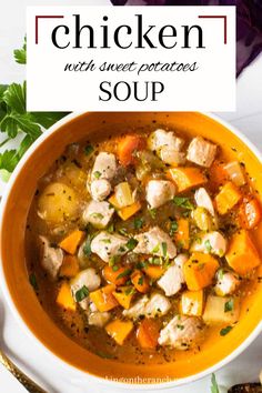 Chicken soup with sweet potatoes is simple, hearty, healthy, gluten free and inexpensive. And on the table in about 30 minutes. Keeping the seasonings simple allow the sweet, salty and savory flavors shine. Simply stated, you’re going to love this soup. Easy soup with sweet potatoes. Potato Soup Simple, Chicken Sweet Potato Soup, Chicken And Sweet Potatoes, Easy Homemade Soups, Bean And Vegetable Soup, Comfort Soup Recipes, Vegetable Soup With Chicken